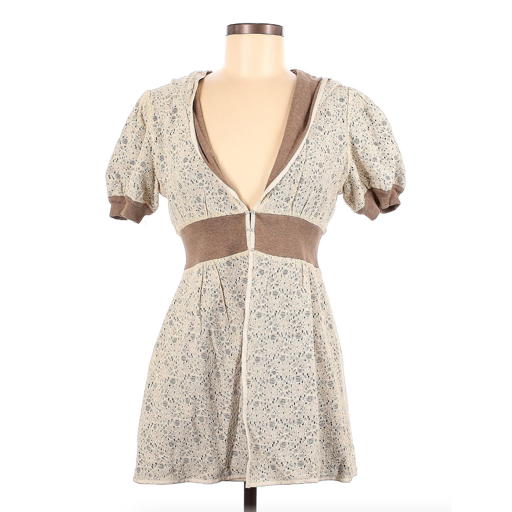 Retro VTG Rare Twee Anthropologie Knitted & Knotted Ivory Brown Lace Cardigan